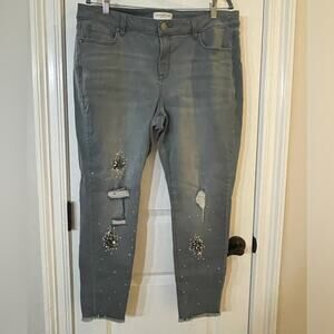 Lane Bryant Gray Beaded Mid-Rise Skinny Distressed Jeans 18